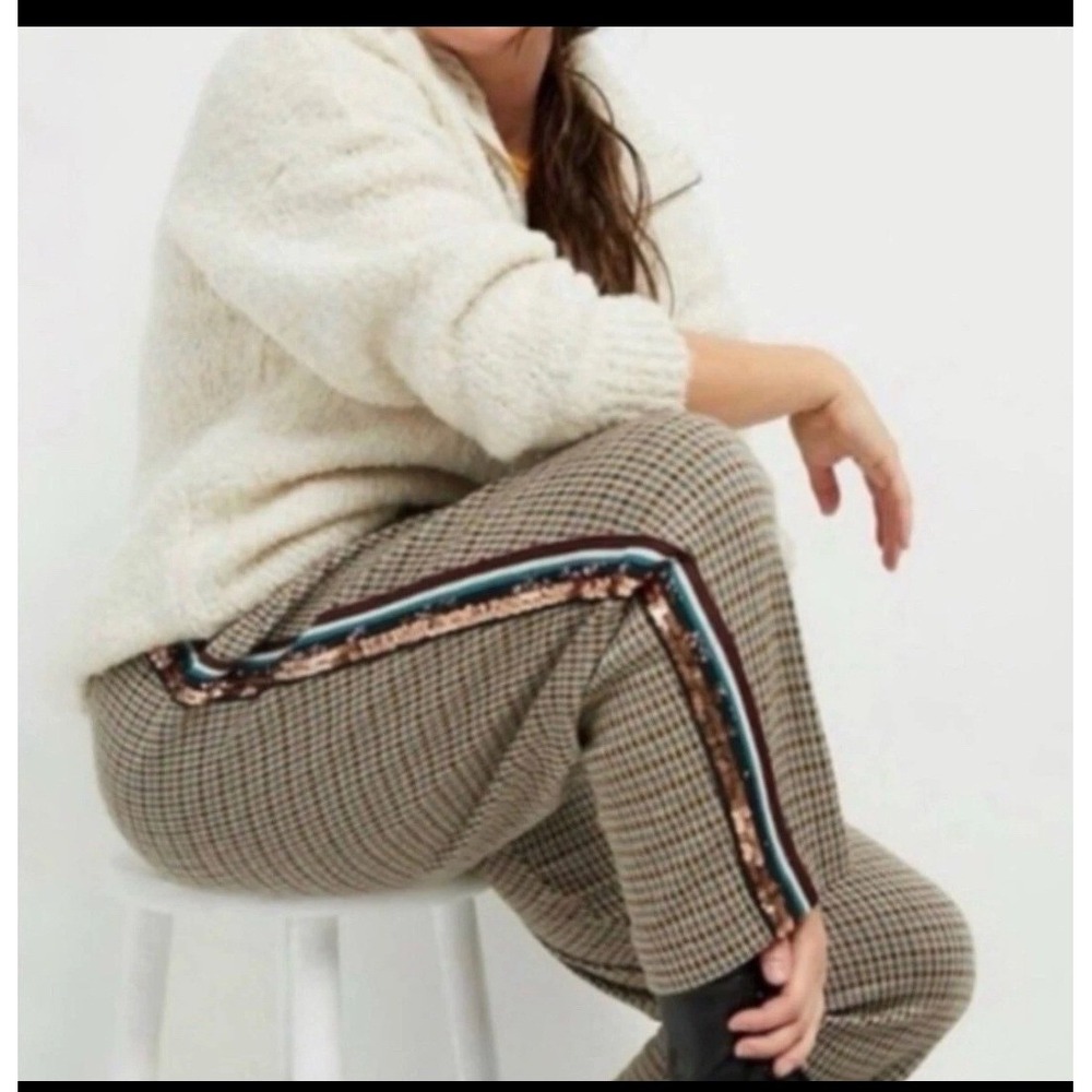 Maeve Plaid Track Joggers with Sequin Side Stripe in Cream, Brown, Teal